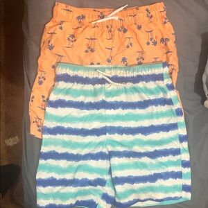 The Children's Place Orange Palm & Blue Aqua Stripe Swim Trunks Set